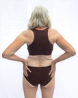 Back view of our coffee in colour everyday bra set plus comfy briefs soft rib cotton