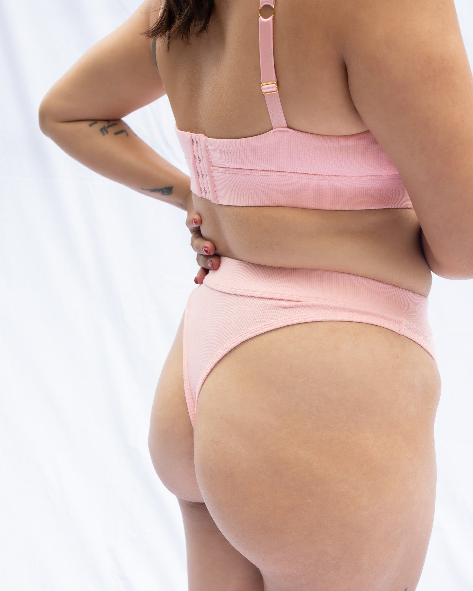 Here we have a back view of the Crossover bra blush pink and the matching blush pink thong
