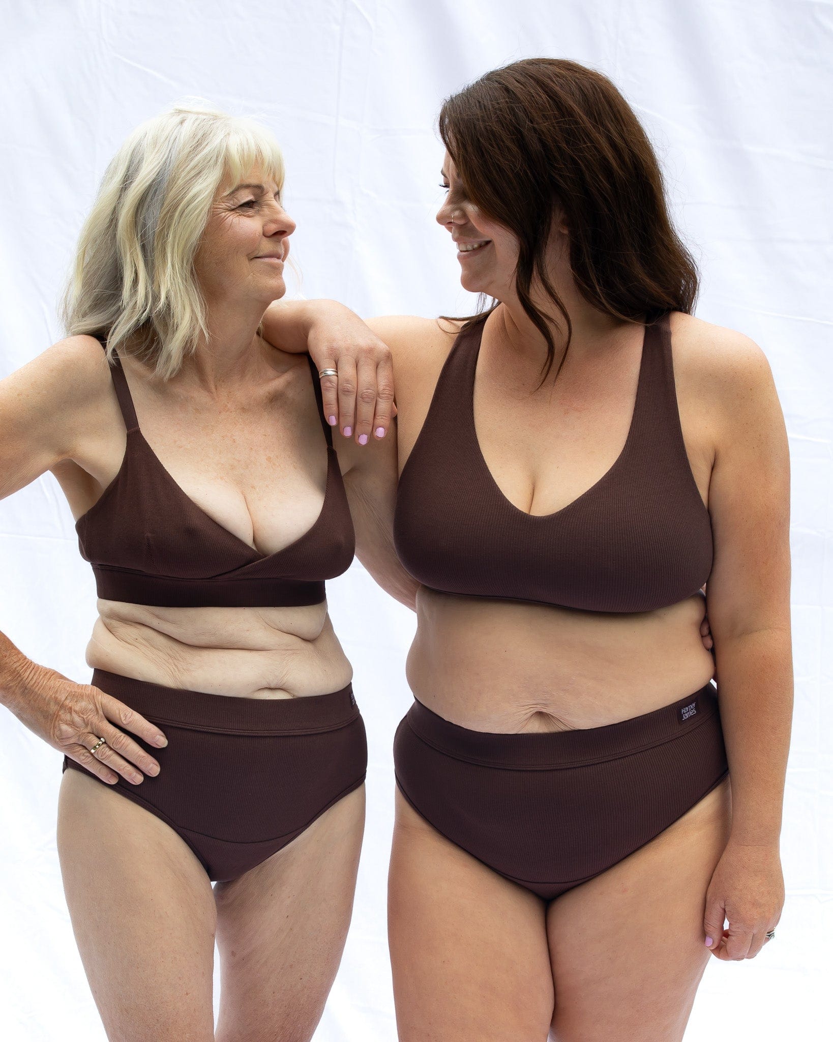Roby and Kelly model our comfy Crossover bra set coffee and everyday brief