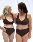 Roby and Kelly model our comfy Crossover bra set coffee and everyday brief