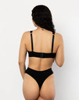 Our back view Plunge bra product midnight black in colour as well as our ever comfortable thong