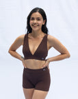 Smiling while modelling our Plunge bra coffee set boy shorts