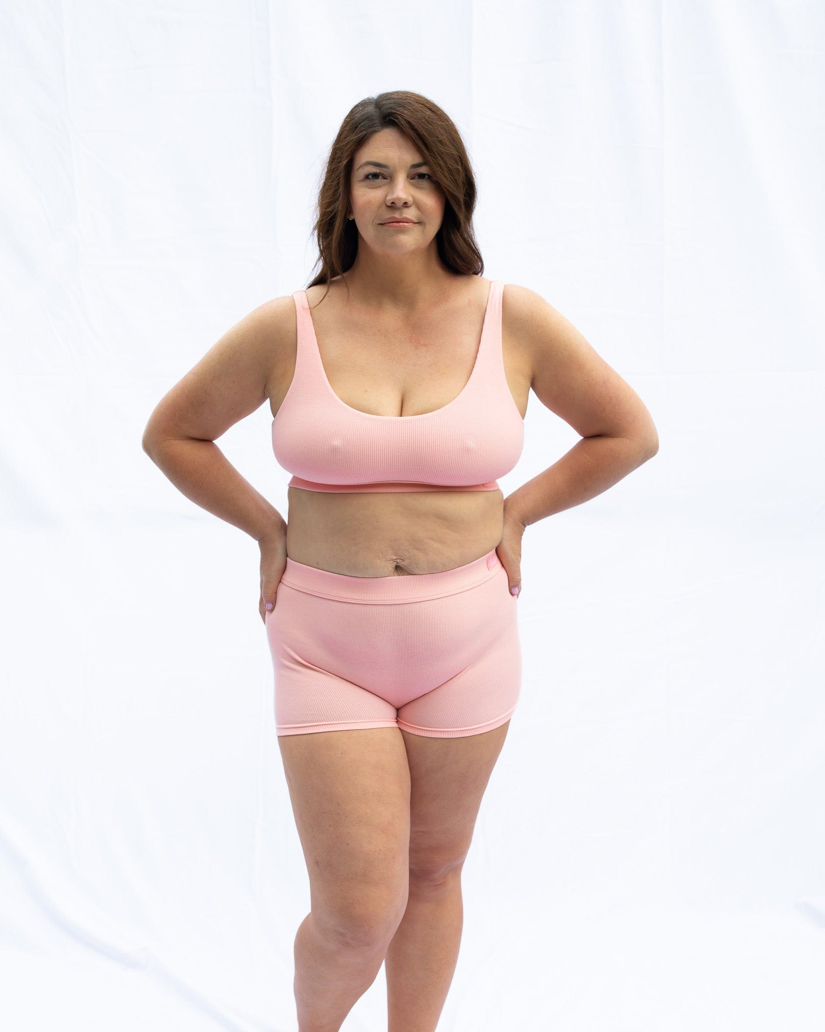Modelled by Kelly our Scoop neck bra blush pink and boy shorts for comfort