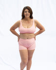Modelled by Kelly our Scoop neck bra blush pink and boy shorts for comfort