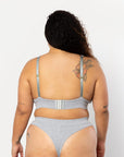 This is a back view of our popular Scoop neck bra marle grey set combined with the comfortable thong of the same colour