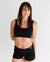 Our scoop neck bra set which is wire less for best comfort and feel that women crave. midnight black and boy shorts to finish the look