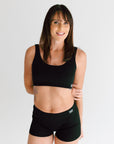 Our scoop neck bra set which is wire less for best comfort and feel that women crave. midnight black and boy shorts to finish the look