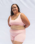 Scoop neck bra style in blush pink and matching boy shorts for comfort