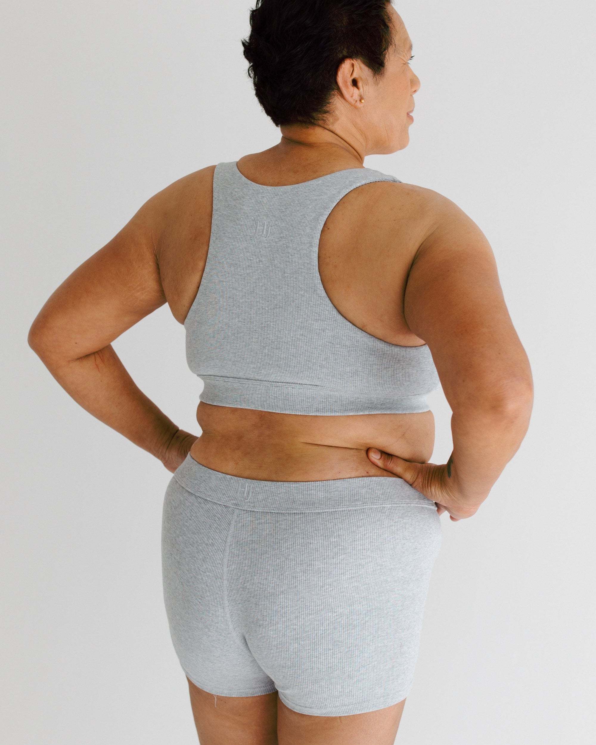 Karen is modelling our Bra set in marle grey colour everyday crop bra and boy shorts so comfy for our older women