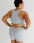 Karen is modelling our Bra set in marle grey colour everyday crop bra and boy shorts so comfy for our older women