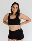 Vanessa is here modelling our bra set Scoop neck bra midnight black with our complimenting boy shorts