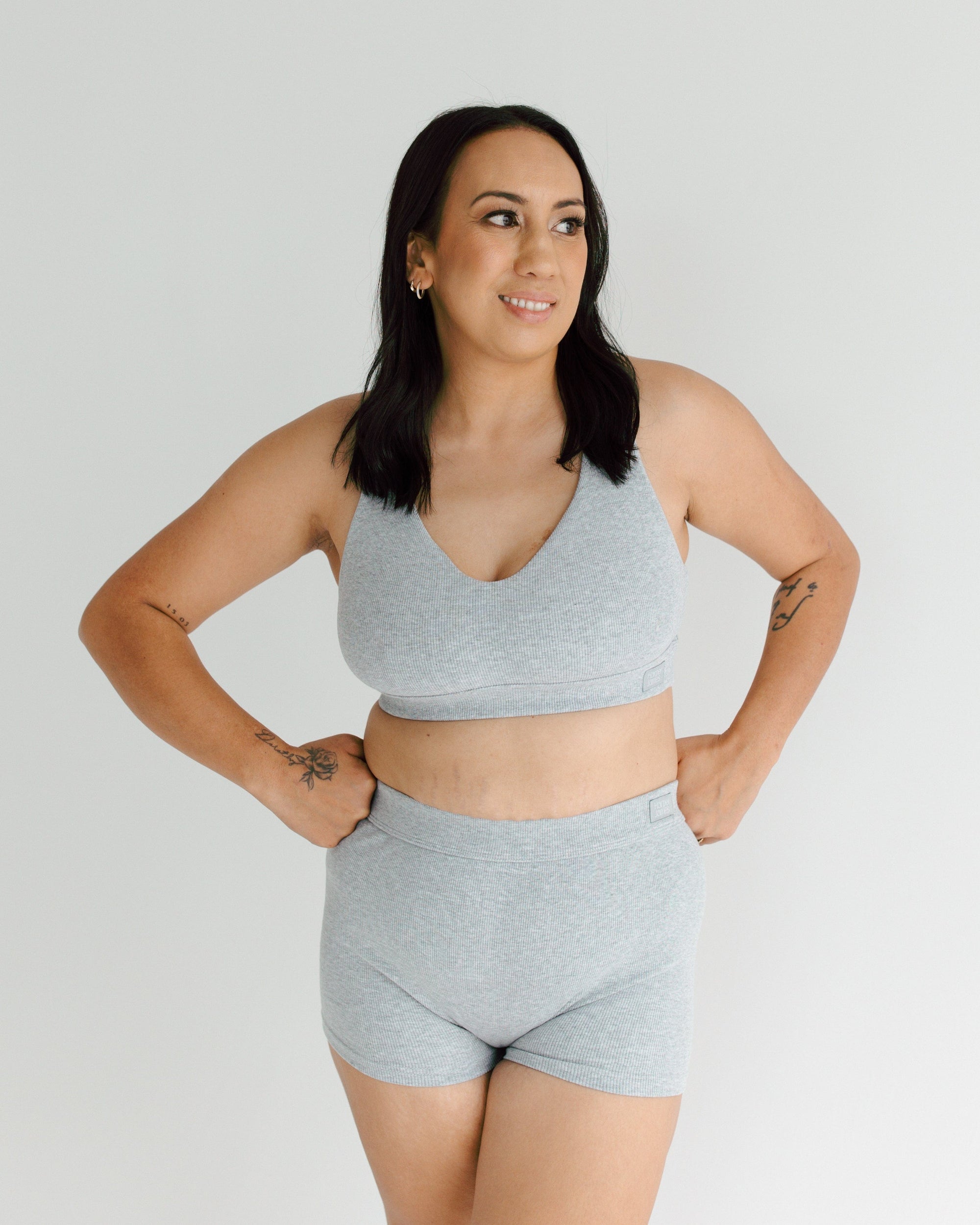 Lisa herself models our bra set colour is marle grey everyday crop bra style plus the popular boy shorts to match