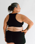 Lisa modelling our everyday crop bra back midnight plus comfy as boy shorts to match it all up