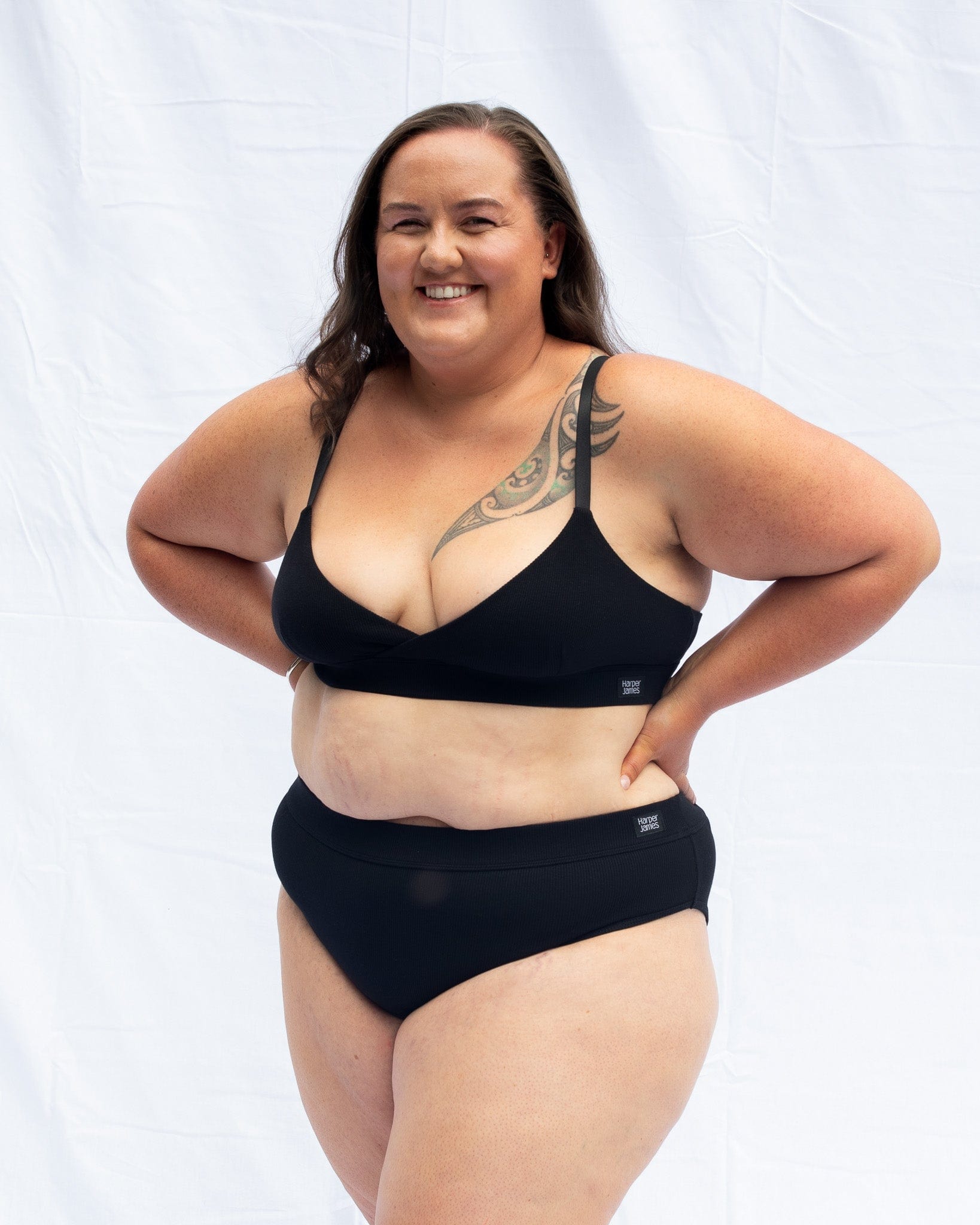 Here modelling the crossover black bra plus the midnight black everyday brief