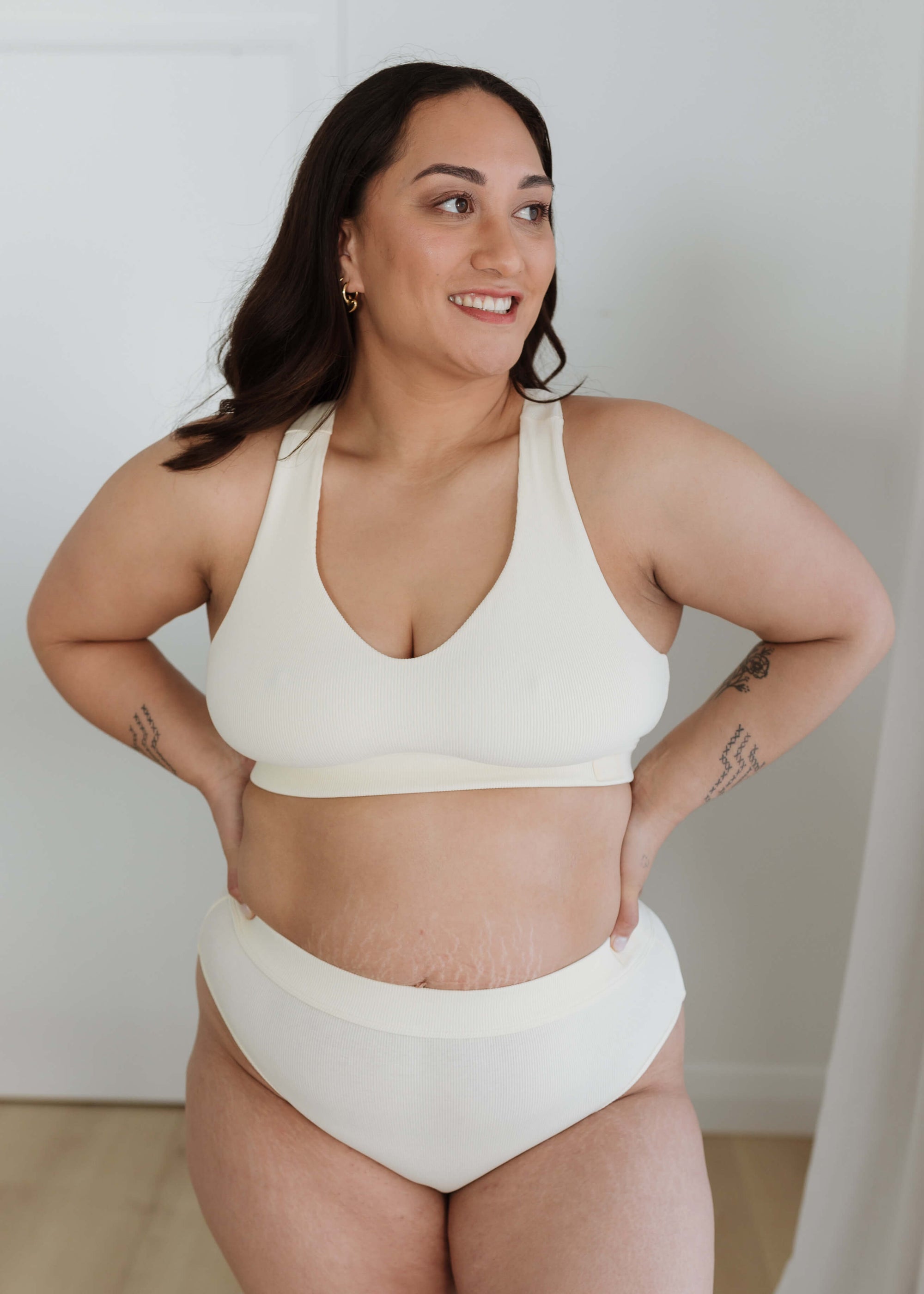 CREAM EVERYDAY CROP BRA MODELLED BEAUTIFULLY