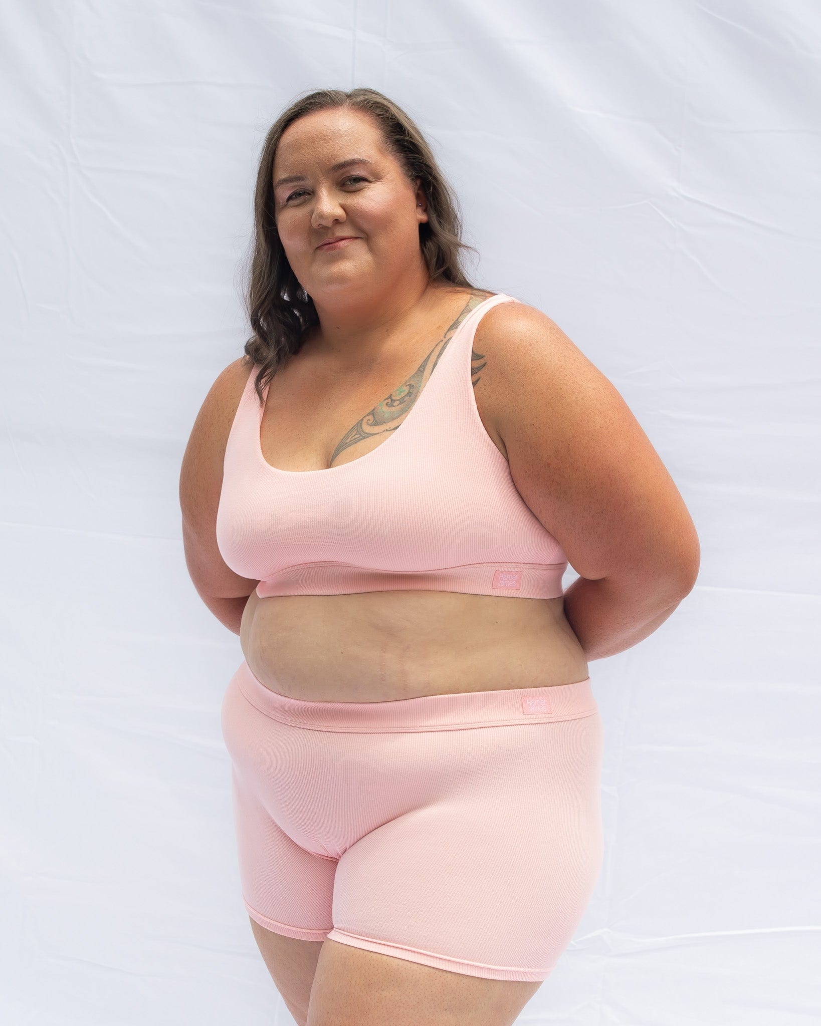 Scoop neck bra style in blush pink and matching boy shorts for comfort