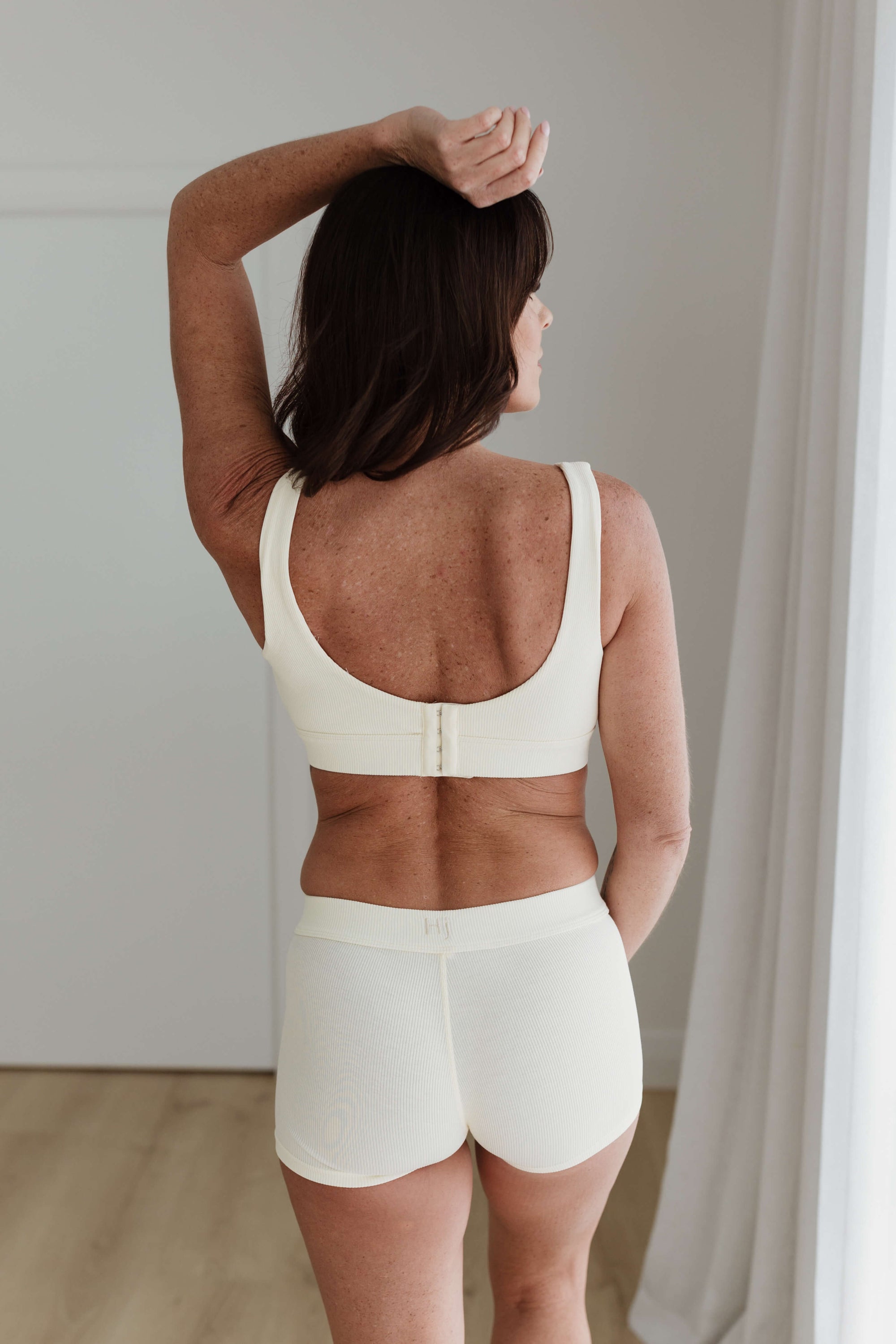This is a BACK VIEW of our cream plunge bra set and boy shorts small size to compliment the finished look